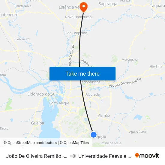 João De Oliveira Remião - Parada 29 to Universidade Feevale Campus II map