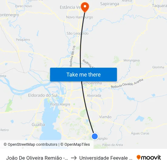 João De Oliveira Remião - Parada 28 to Universidade Feevale Campus II map