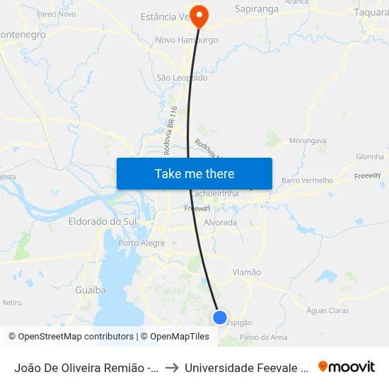 João De Oliveira Remião - Parada 26 to Universidade Feevale Campus II map