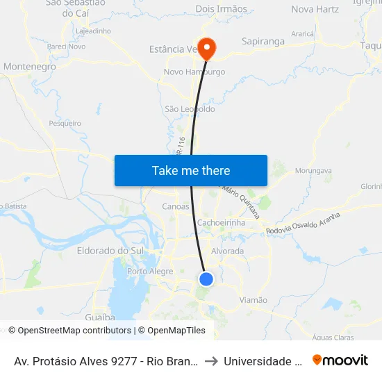 Av. Protásio Alves 9277 - Rio Branco Porto Alegre - Rs 91260-000 Brasil to Universidade Feevale Campus II map