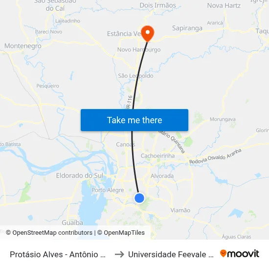 Protásio Alves - Antônio De Carvalho to Universidade Feevale Campus II map