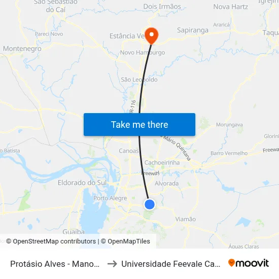 Protásio Alves - Manoel Elias to Universidade Feevale Campus II map
