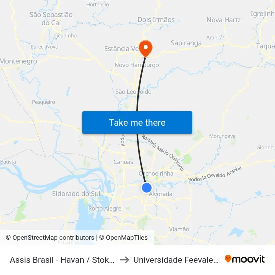 Assis Brasil - Havan / Stok / Coca-Cola to Universidade Feevale Campus II map