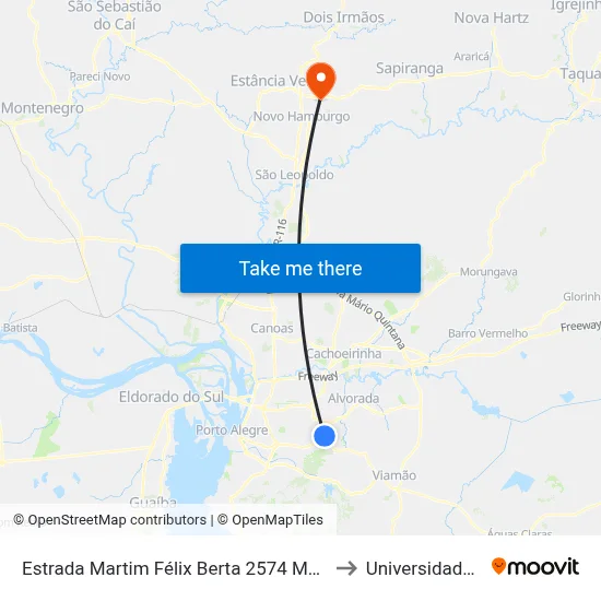 Estrada Martim Félix Berta 2574 Mário Quintana Porto Alegre - Rs 91260-650 Brasil to Universidade Feevale Campus II map