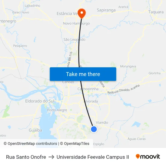 Rua Santo Onofre to Universidade Feevale Campus II map