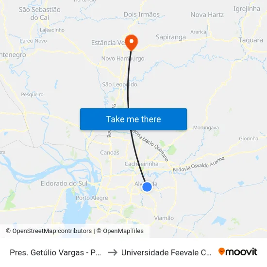Pres. Getúlio Vargas - Parada 50 to Universidade Feevale Campus II map