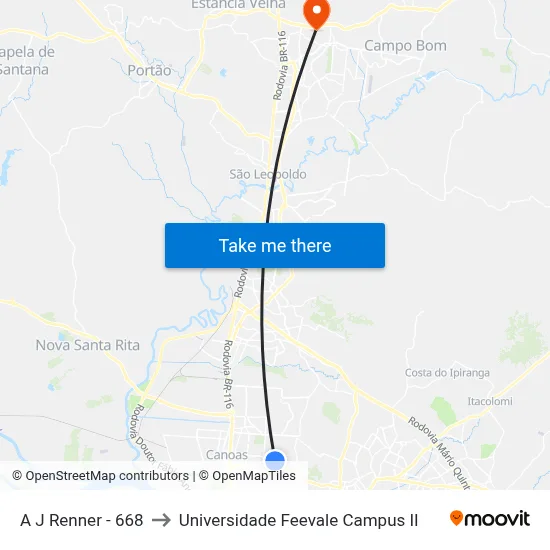 A J Renner - 668 to Universidade Feevale Campus II map