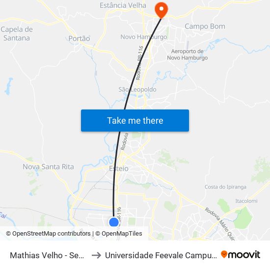 Mathias Velho - Senac to Universidade Feevale Campus II map