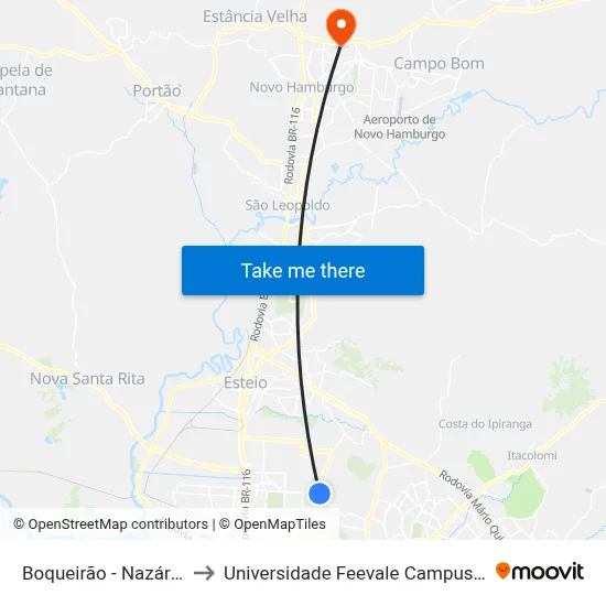 Boqueirão - Nazário to Universidade Feevale Campus II map