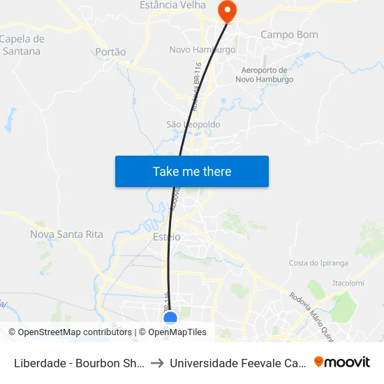Liberdade - Bourbon Shopping to Universidade Feevale Campus II map
