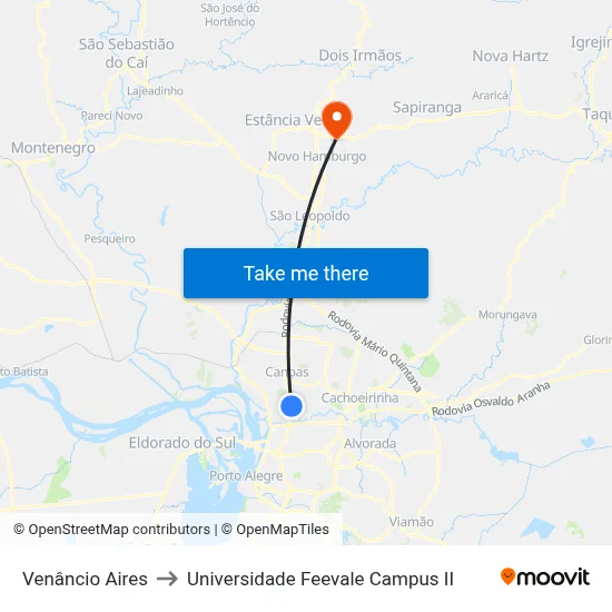 Venâncio Aires to Universidade Feevale Campus II map