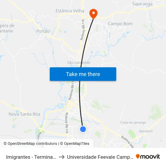 Imigrantes - Terminal L3 to Universidade Feevale Campus II map