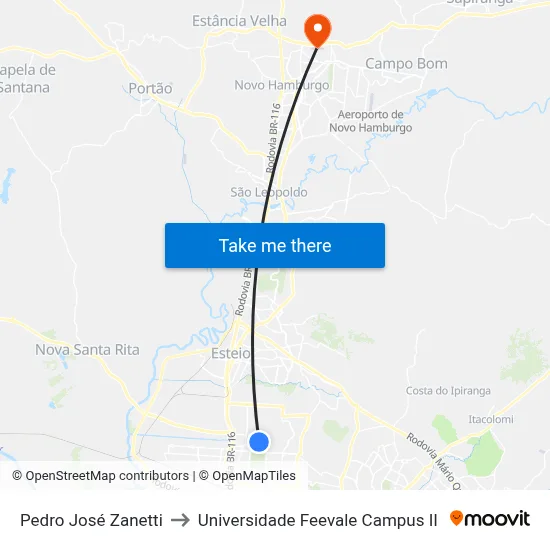 Pedro José Zanetti to Universidade Feevale Campus II map
