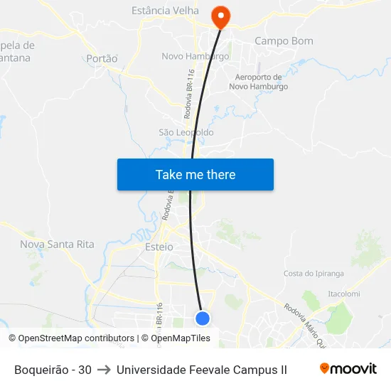 Boqueirão - 30 to Universidade Feevale Campus II map