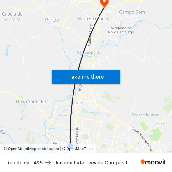República - 495 to Universidade Feevale Campus II map