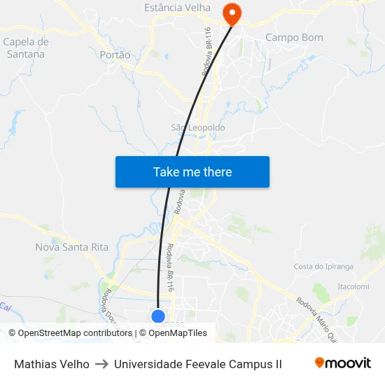 Mathias Velho to Universidade Feevale Campus II map