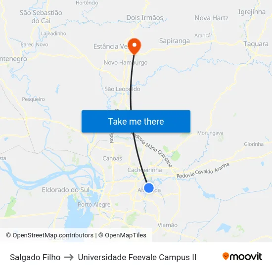 Salgado Filho to Universidade Feevale Campus II map
