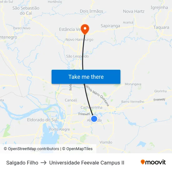 Salgado Filho to Universidade Feevale Campus II map