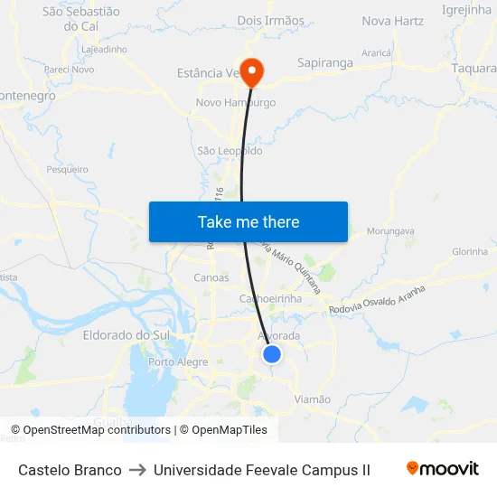 Castelo Branco to Universidade Feevale Campus II map