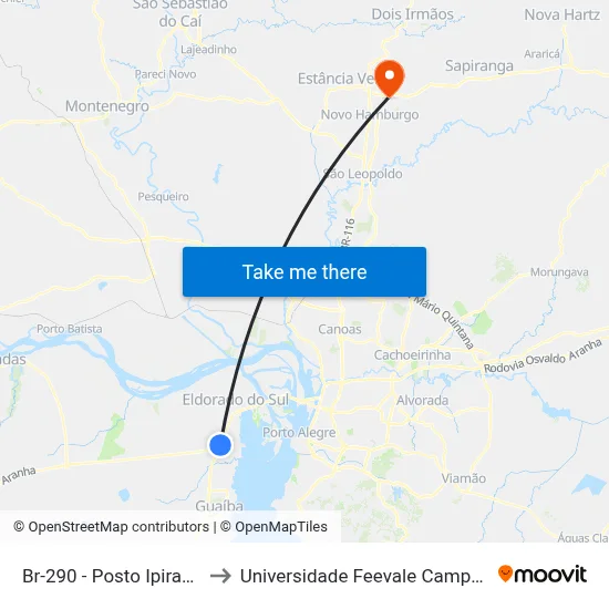 Br-290 - Posto Ipiranga to Universidade Feevale Campus II map