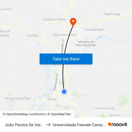 João Pereira De Vargas to Universidade Feevale Campus II map