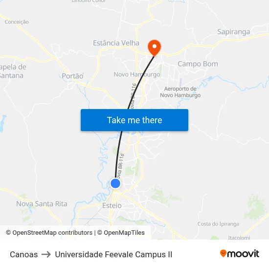 Canoas to Universidade Feevale Campus II map