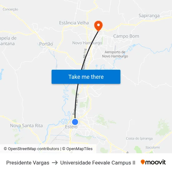 Presidente Vargas to Universidade Feevale Campus II map