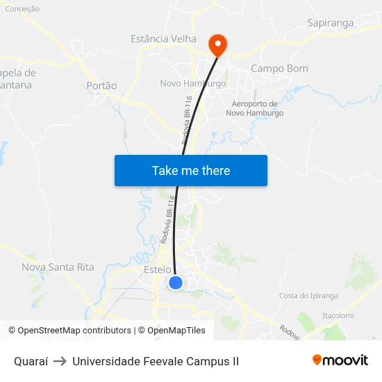 Quaraí to Universidade Feevale Campus II map