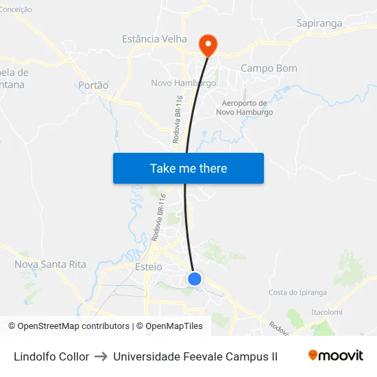 Lindolfo Collor to Universidade Feevale Campus II map