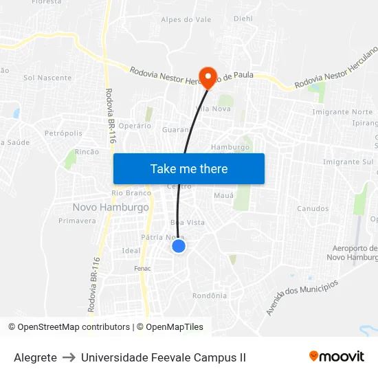 Alegrete to Universidade Feevale Campus II map