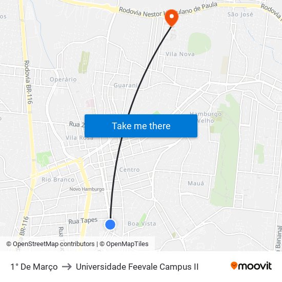 1° De Março to Universidade Feevale Campus II map
