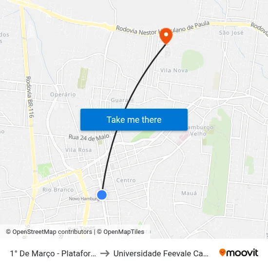 1° De Março - Plataforma 2 to Universidade Feevale Campus II map