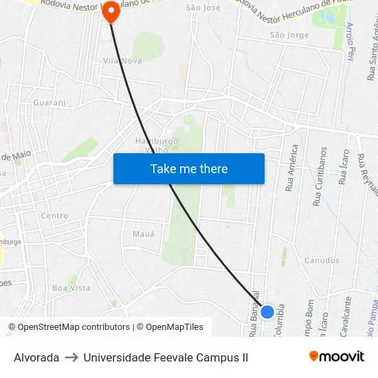 Alvorada to Universidade Feevale Campus II map