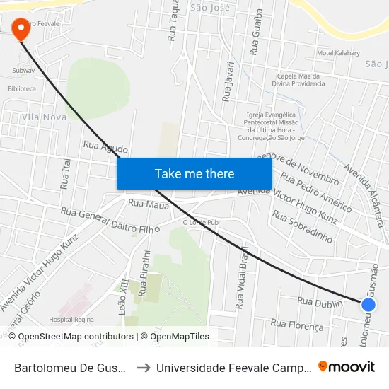 Bartolomeu De Gusmão to Universidade Feevale Campus II map