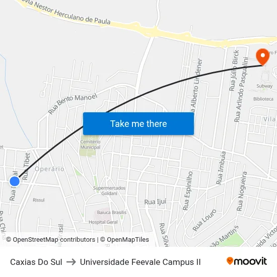 Caxias Do Sul to Universidade Feevale Campus II map