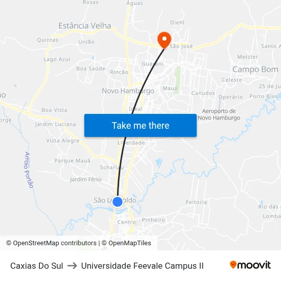 Caxias Do Sul to Universidade Feevale Campus II map