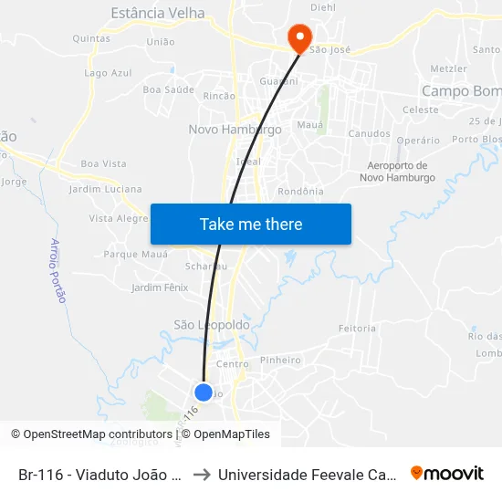 Br-116 - Viaduto João Correa to Universidade Feevale Campus II map