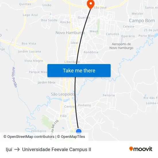 Ijuí to Universidade Feevale Campus II map