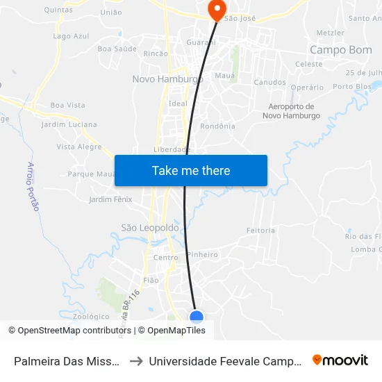 Palmeira Das Missões to Universidade Feevale Campus II map
