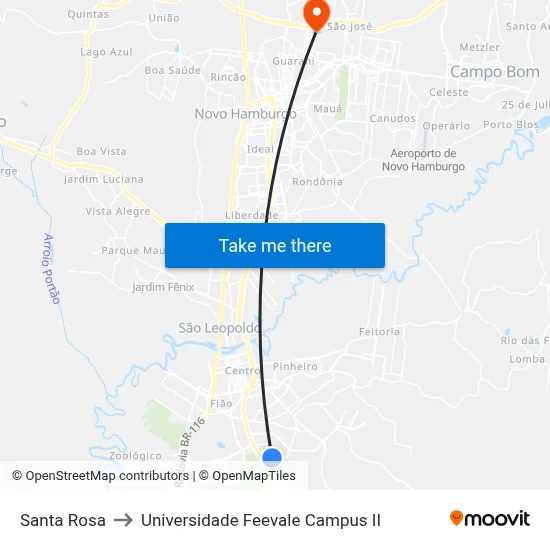 Santa Rosa to Universidade Feevale Campus II map