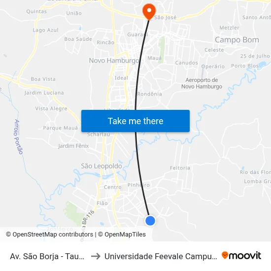 Av. São Borja - Taurus to Universidade Feevale Campus II map