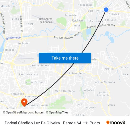 Dorival Cândido Luz De Oliveira - Parada 64 to Pucrs map