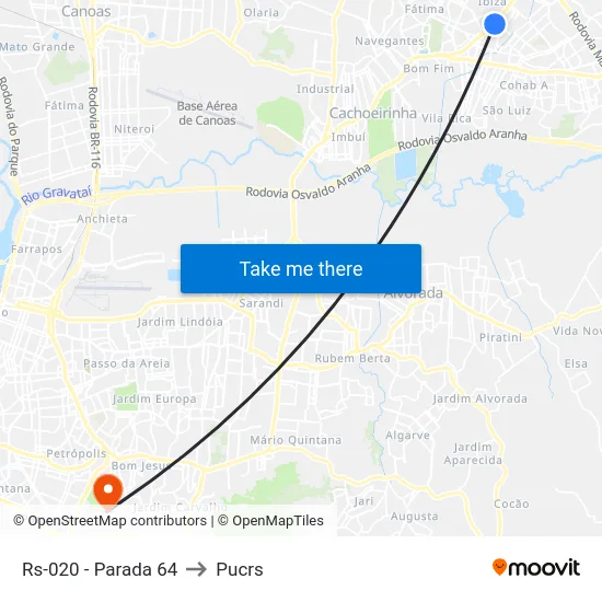 Rs-020 - Parada 64 to Pucrs map