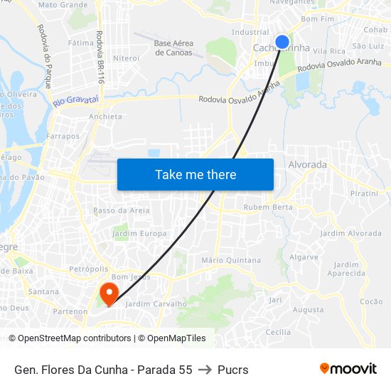 Gen. Flores Da Cunha - Parada 55 to Pucrs map