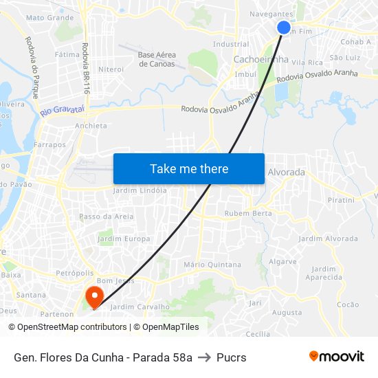 Gen. Flores Da Cunha - Parada 58a to Pucrs map