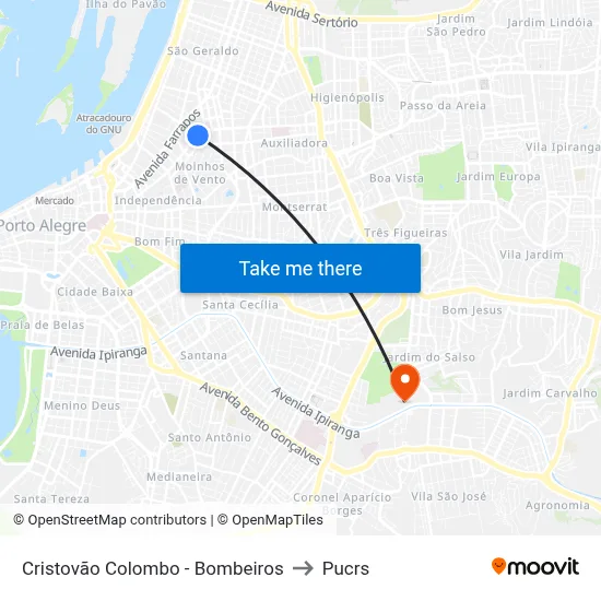 Cristovão Colombo - Bombeiros to Pucrs map