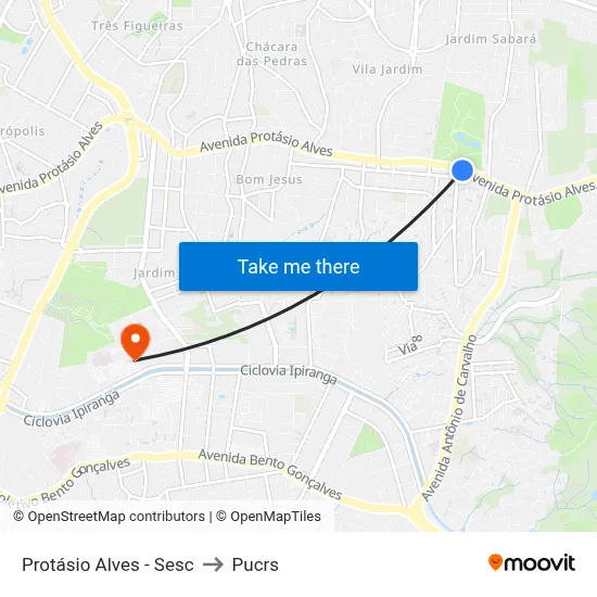 Protásio Alves - Sesc to Pucrs map