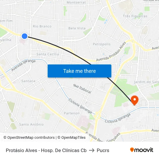 Protásio Alves - Hosp. De Clínicas Cb to Pucrs map
