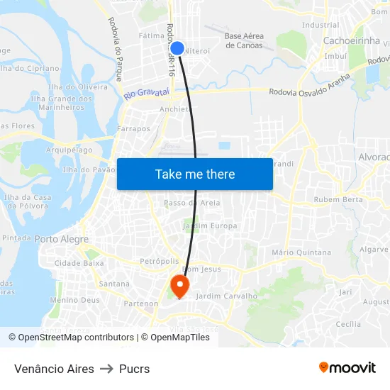 Venâncio Aires to Pucrs map