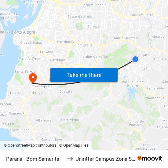 Paraná - Bom Samaritano to Uniritter Campus Zona Sul map
